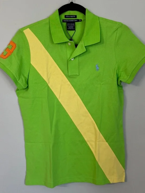 Ralph Lauren Gold Women's Short Sleeve Lime Green Big Stripe Spring Polo Sz M NW - Picture 2 of 8